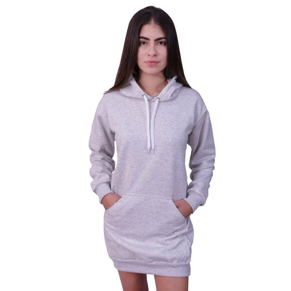 Vestido Moletom Feminino Com Bolso E Capuz Cinza