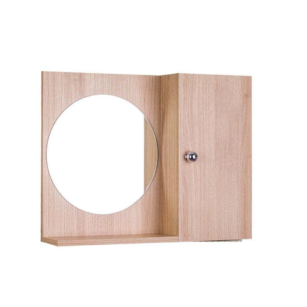 Espelho Redondo para Banheiro com Armário Madeira Clara