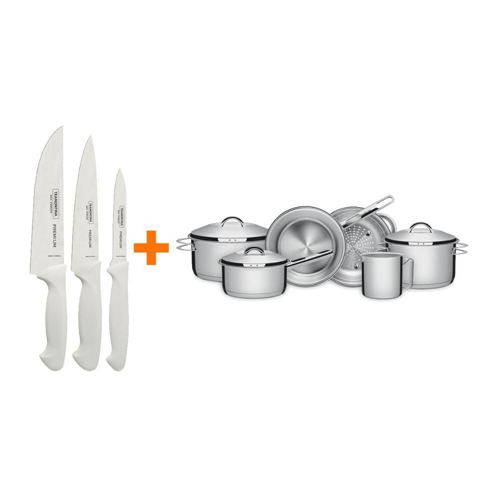 KIT - Faqueiro Premium 3 Peças + 1 Jogo de Panelas Inox Solar 6 Peças - Tramontina