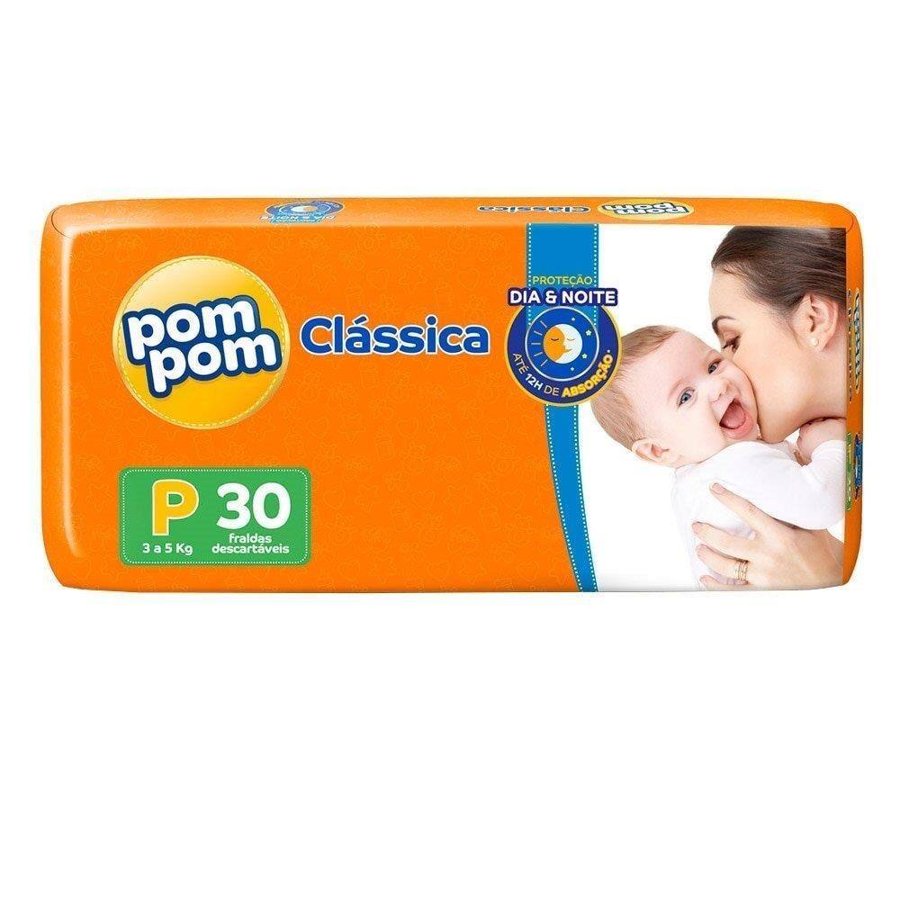 8 Pacotes - Fralda Descartável Pom Pom Clássica Jumbo Tam P - 30 Unidades (Total 240 unidades)