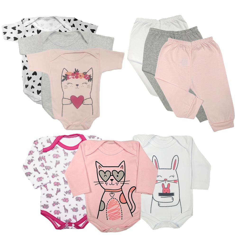 Kit Bebê 9 Peças Body Estampado Manga Curta e Longa e Mijão