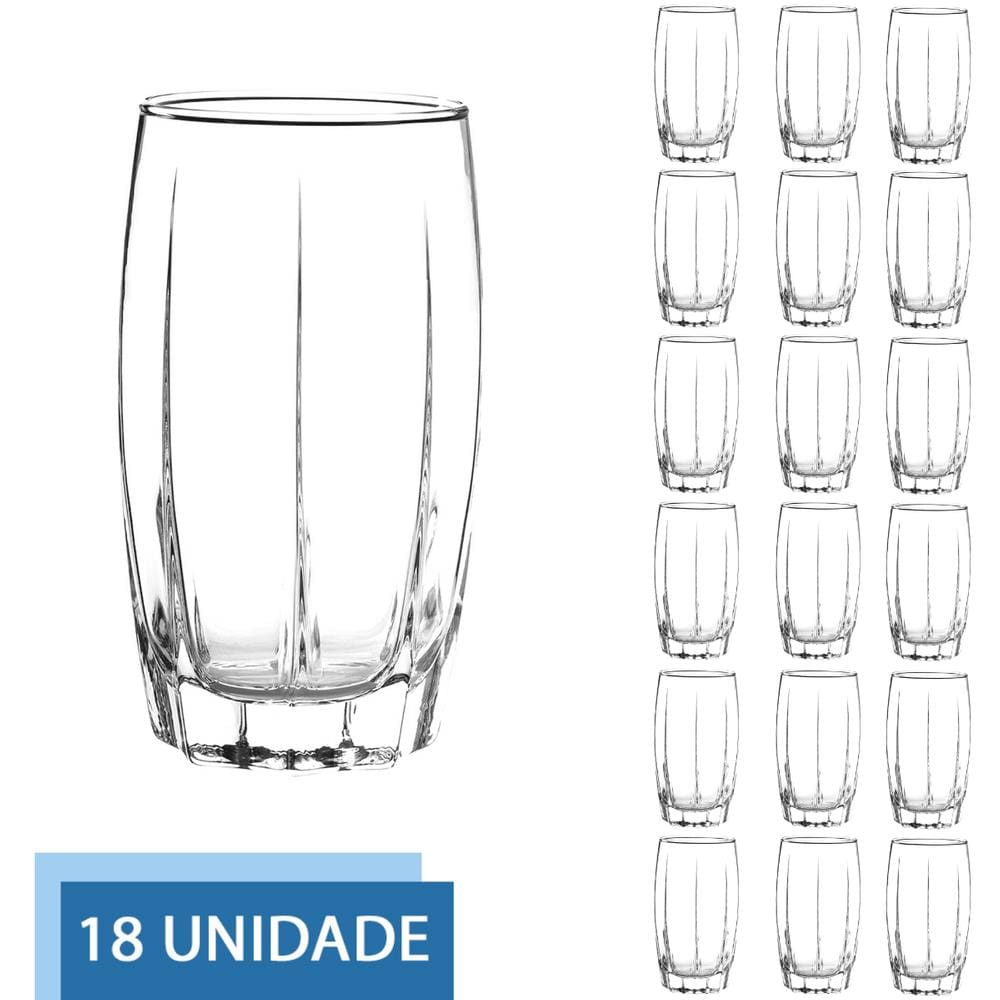 Conjunto 18 Copo Vidro Transparente 374ML Amadeus Long Drink