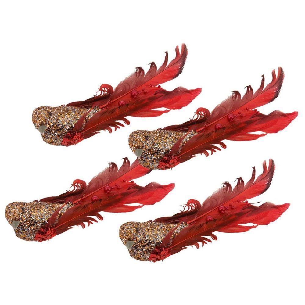 Kit Passarinho Natal Penas Pérolas Vermelho 16cm 4 Un Magizi