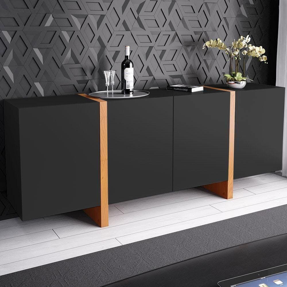 Buffet Barone 4 Portas e 1 Gaveta Interna 160cm Laca Preta