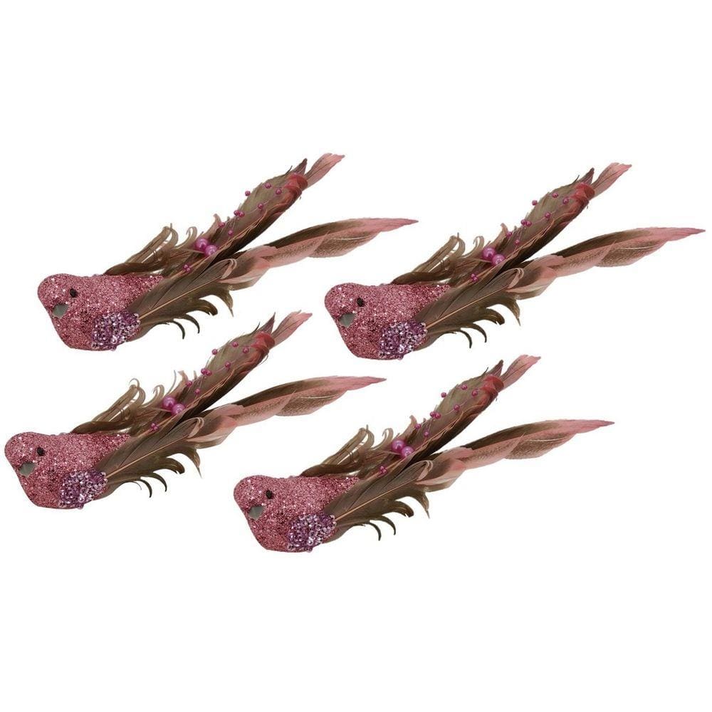 Kit Passarinho Natal Penas Pérolas Rosê 16cm 4 Un Magizi