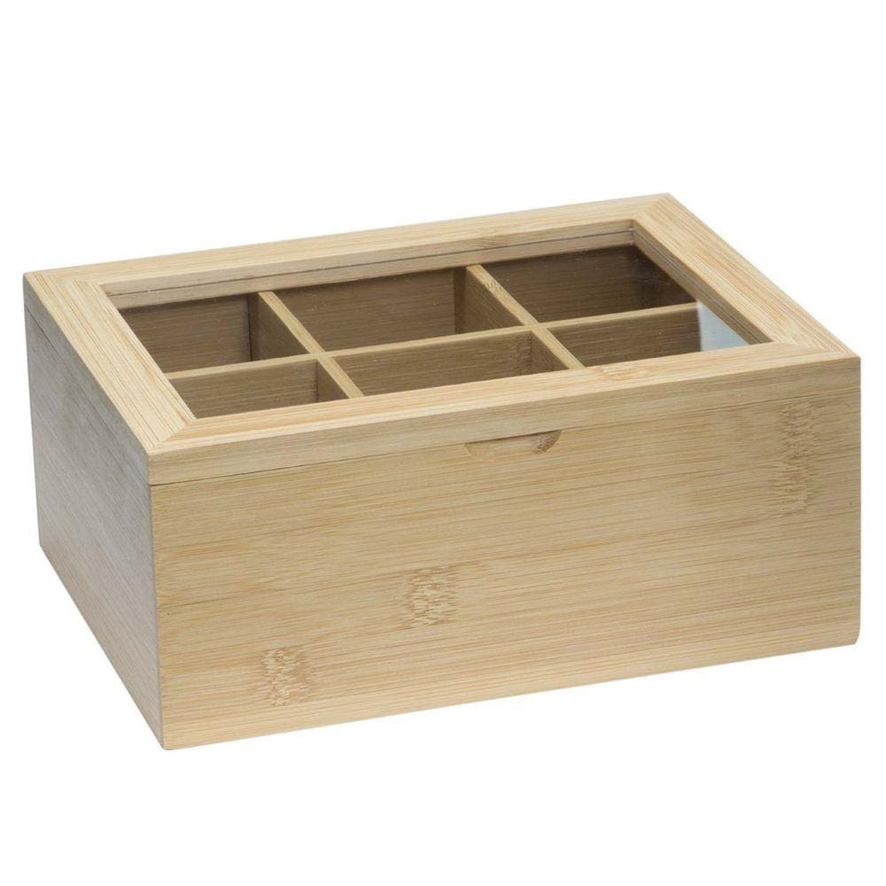 Caixa Porta Chá de Bambu Ecokitchen com Visor 6 Divisórias 16x21x9 cm Mimo Style