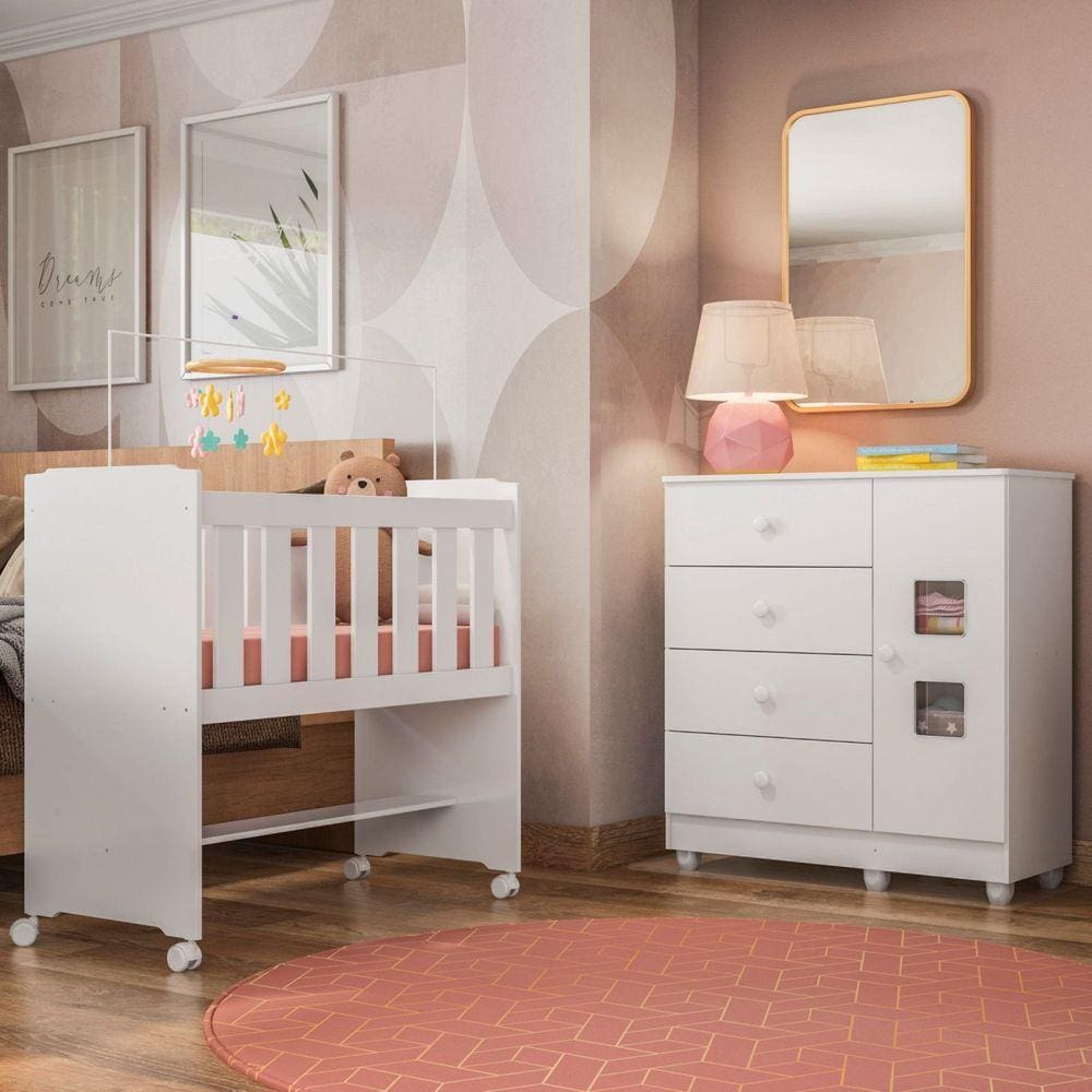 Quarto de Bebê com Mini Berço Tigus e Cômoda Life Branco