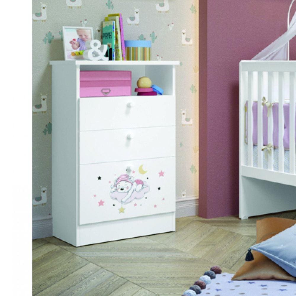 Cômoda Infantil 1 Porta 2 Gavetas 1 Nicho Estampada Kids Serpil Baby Branco/Urso Rosa