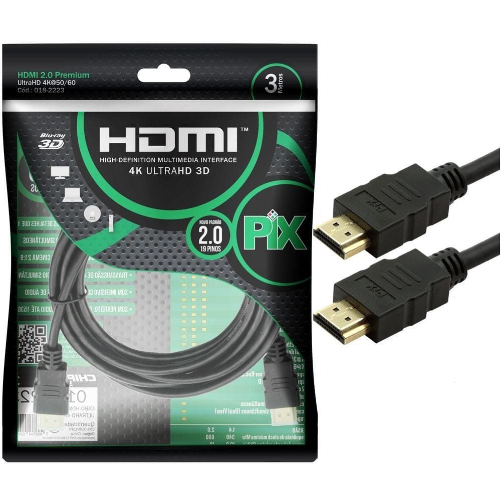 Cabo Hdmi 3 metros 2.0v 4K 3D UltraHD 19 pinos