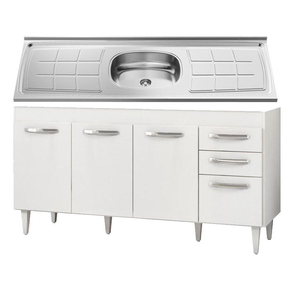 Balcão Gabinete e Pia Inox 160cm Lumil Móveis Branco