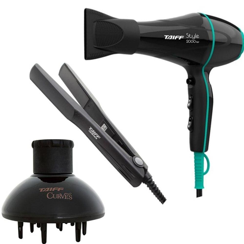 Kit Taiff - Secador De Cabelo Style Preto 2000W 220V + Prancha Ceramic 180ºc + Difusor De Ar Curves