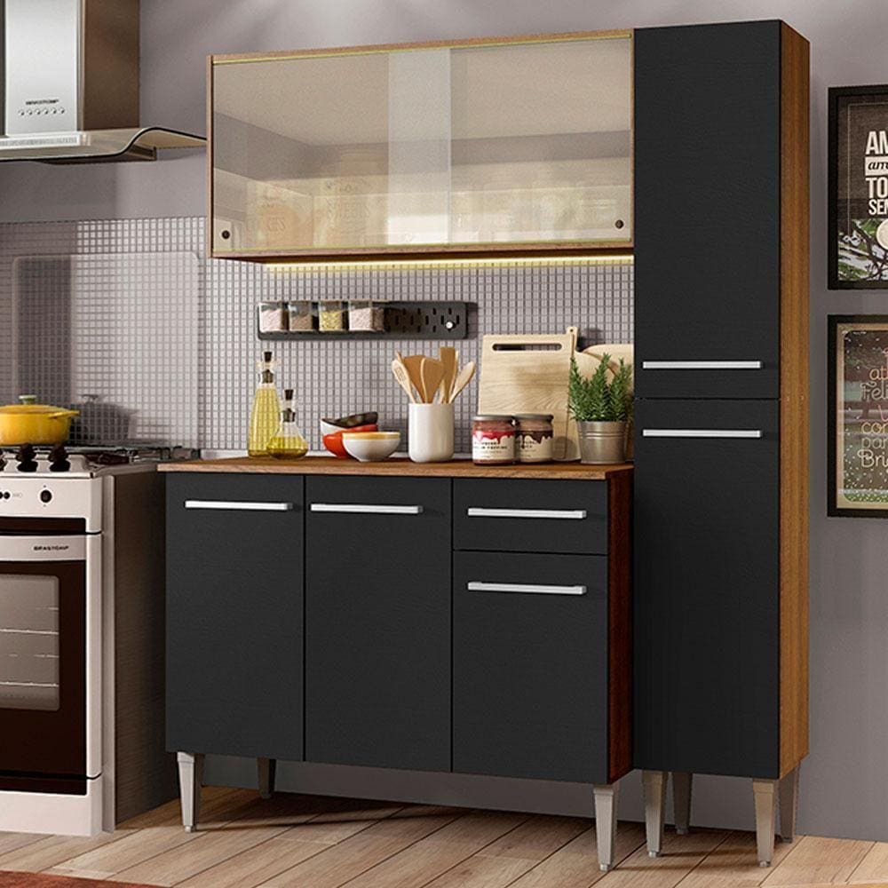 Armário de Cozinha Compacta Madesa Emilly Force com Balcão e Paneleiro - Rustic/Preto
