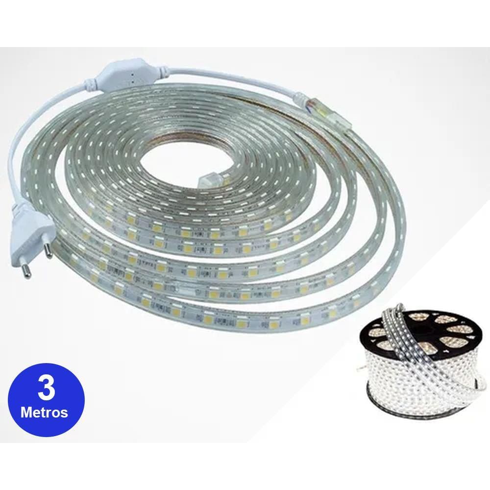 Kit Mangueira Chata Led Branco Frio 3Mt+ Conector Fonte C/NF