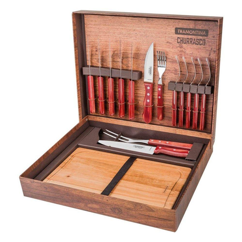 Kit para Churrasco Tramontina Lâminas Aço Inox Cabos em Madeira Polywood Vermelho 15 Peças Tramontina