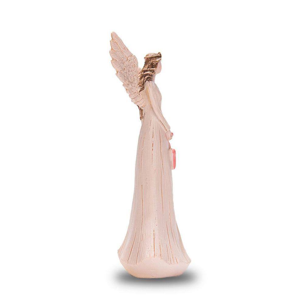 Anjo De Resina Decorativo Cor Rosa Com Coração 23Cm