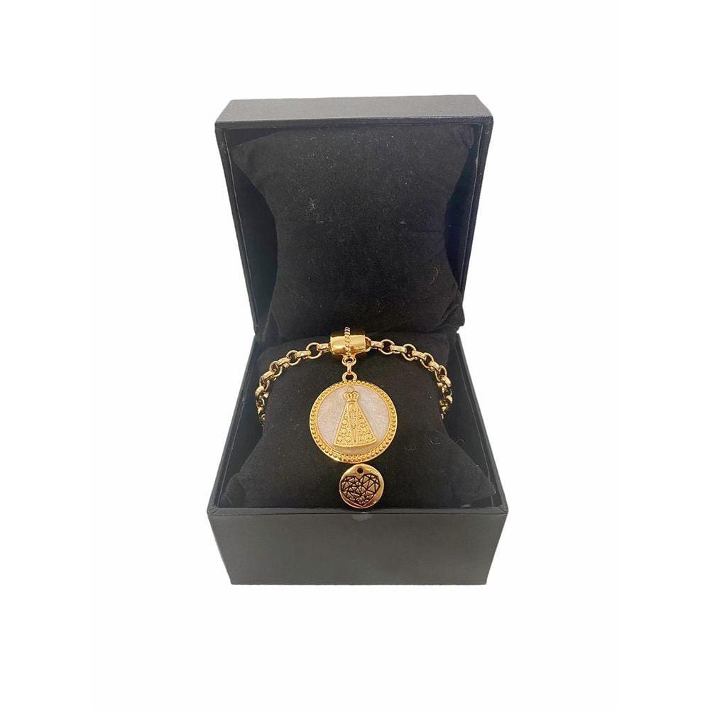Pulseira Feminina Elo Português Grosso 6mm + Nossa Senhora Aparecida