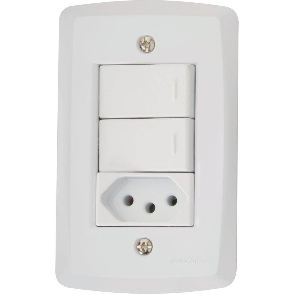 Conjunto 4x2 com 2 Interruptores Simples 10 A 250 V e 1 Tomada 2P+T 20 A 250 V Tramontina Lux2 Branco Tramontina