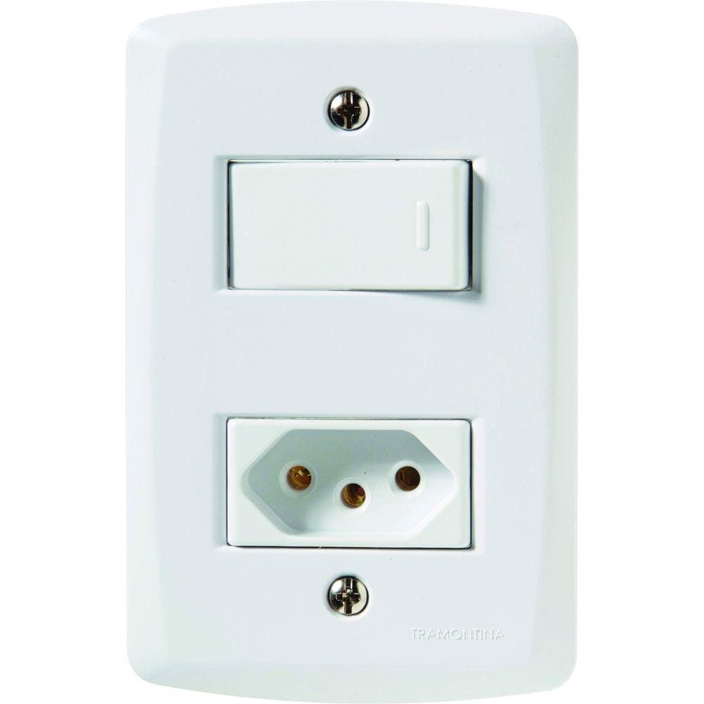 Conjunto 4x2 com 1 Interruptor Simples 10 A 250 V e 1 Tomada 2P+T 10 A 250 V Tramontina Lux2 Branco Tramontina