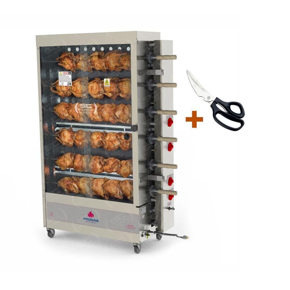 Assador de Frango Gás 6 Espetos Tubular Pr-634 Progás + Tesoura Multifuncional Tramontina