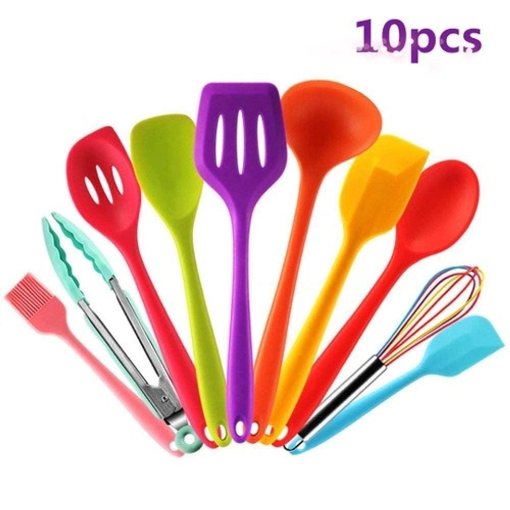 Jogo 10 Utensílios Silicone Colorido Colher Concha Pegador