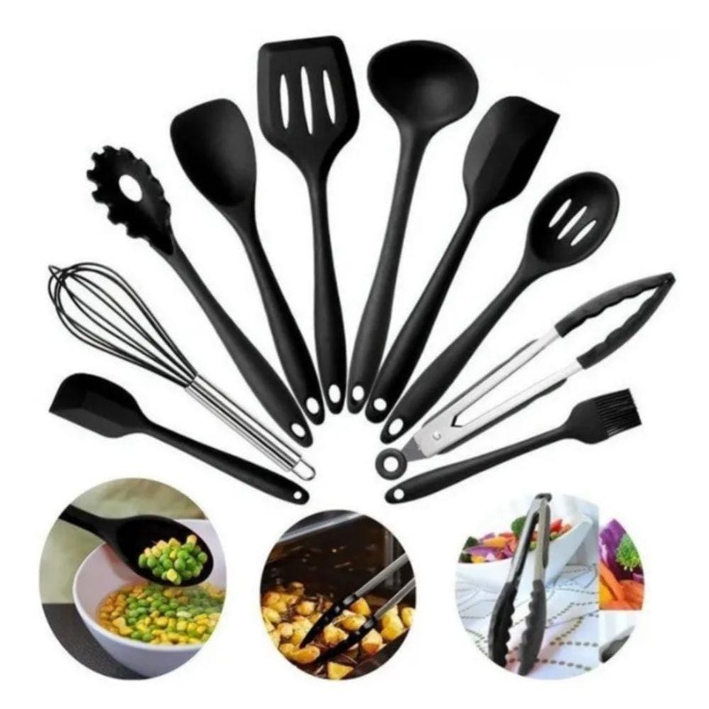 Jogo 10 Utensílios Silicone Preto Colher Concha Pegador
