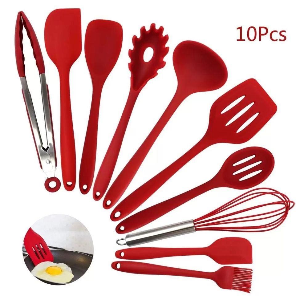 Jogo 10 Utensílios Silicone Vermelho Colher Concha Pegador