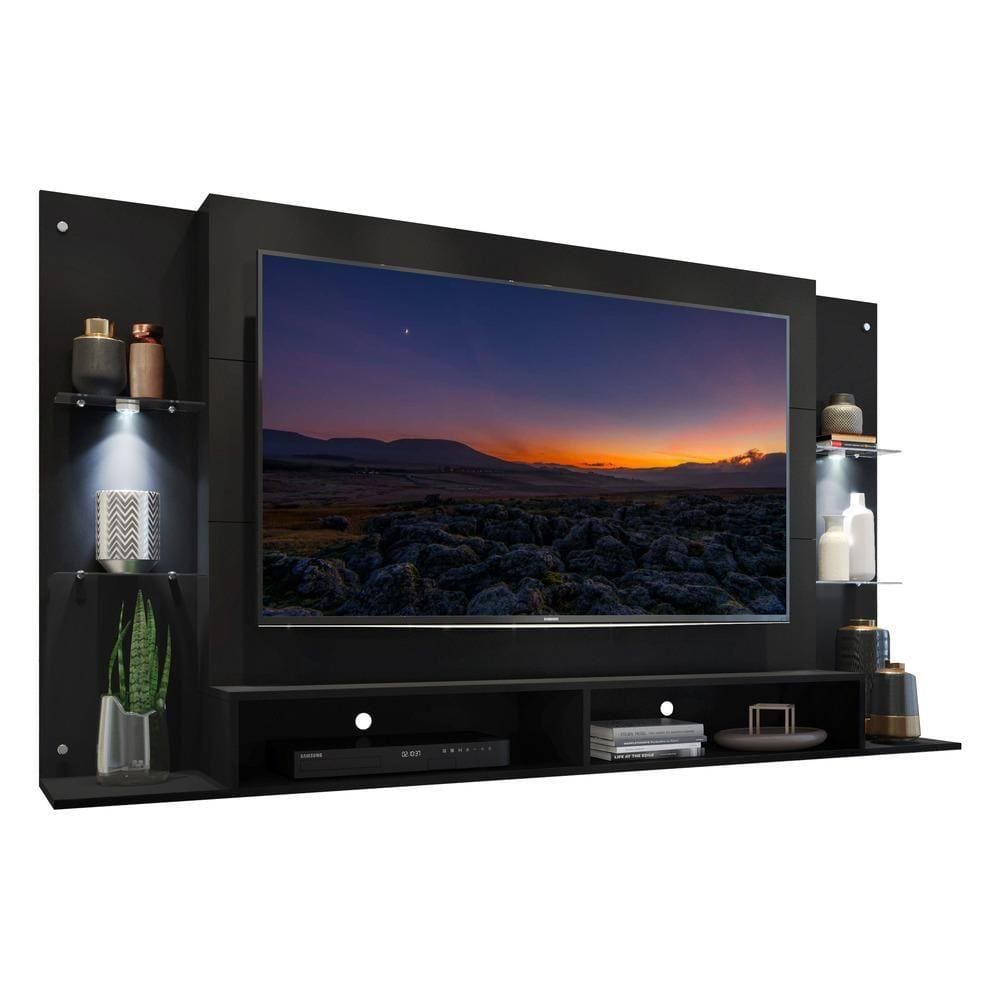 Painel com Suporte TV 60\" e 2 Leds Prateleiras de Vidro Vegas Multimóveis Preto