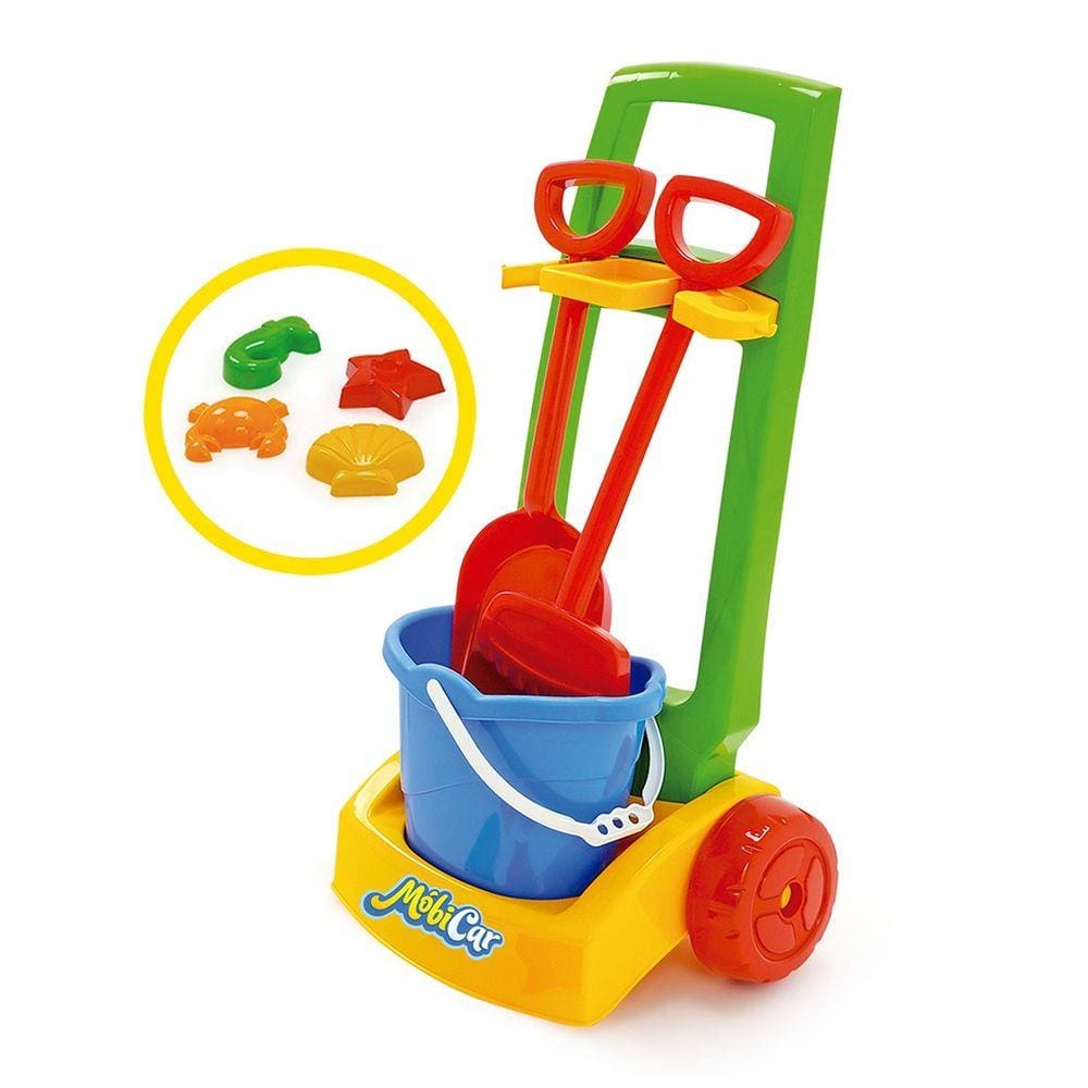 Kit Carrinho Praia Infantil Mobi Car Pá Rastelo E Forminhas