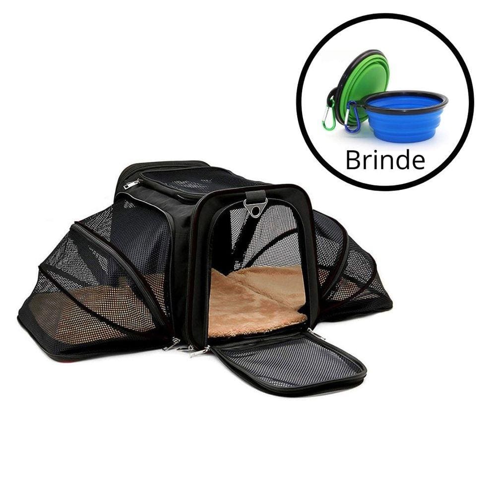 Bolsa Pet Transporte Expansível Preto + 2 Comedouros Retrátil