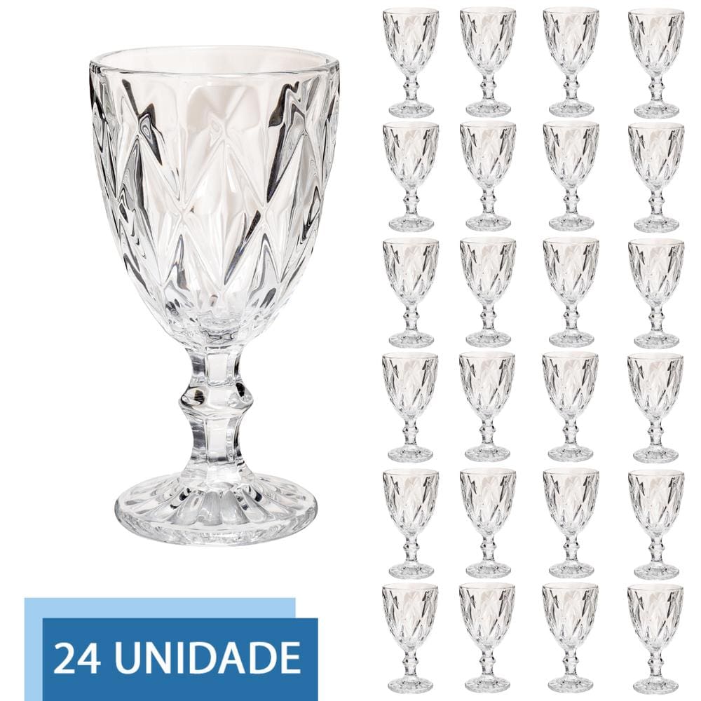 Conjunto 24 Copo Transparente Taça Diamante Agua Vinho 300ml