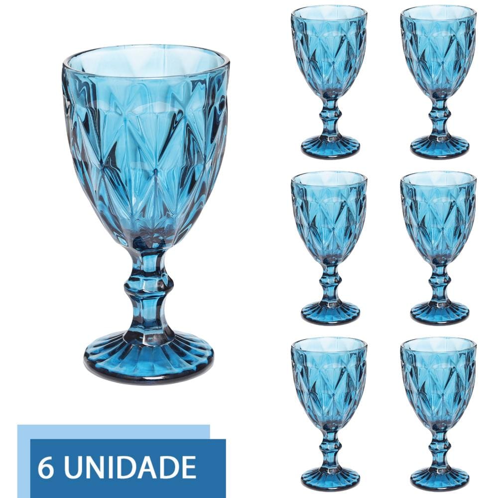 Taças Diamante Copos Vidro Azul Bico De Jaca 300ml - 6Un
