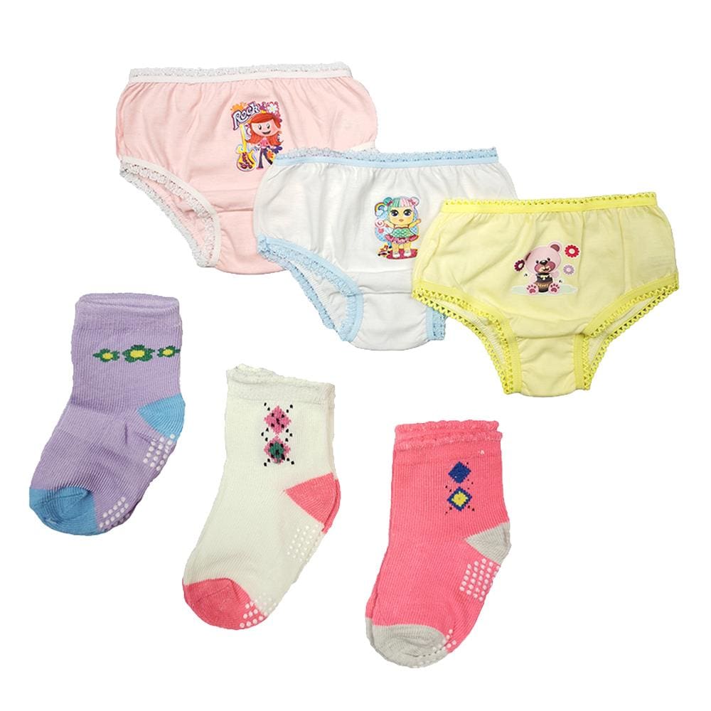 Kit Roupas de Bebê 6 Peças Calcinhas ou Cuecas Bebê e Meias