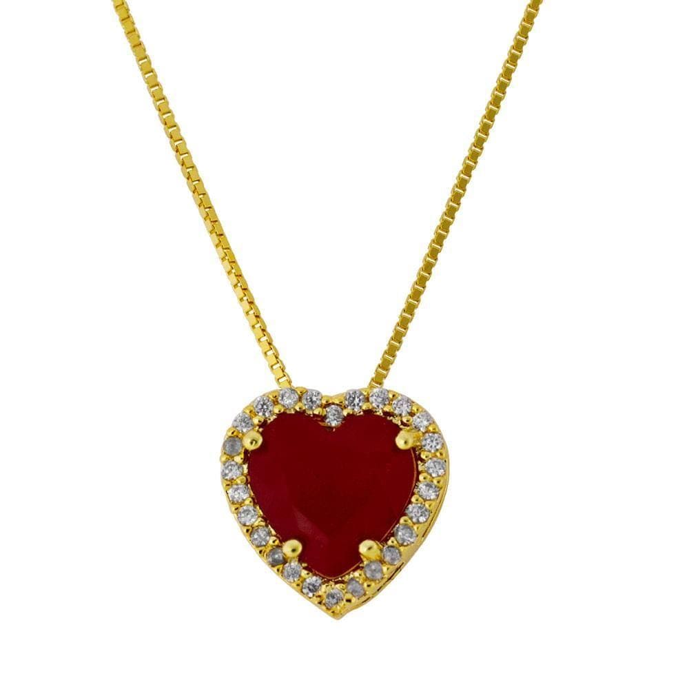 Gargantilha de Prata com Banho Ouro Coração Pedra Vermelho Rubi e Borda de Zircônia Branca - GG21304