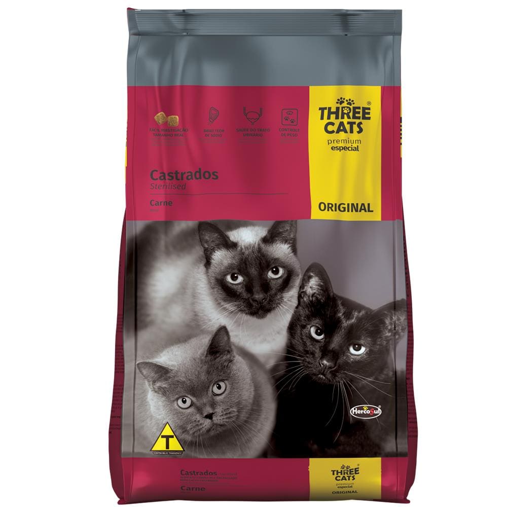Ração sabor Carne para Gatos Castrados Three Cats 10,1 Kg