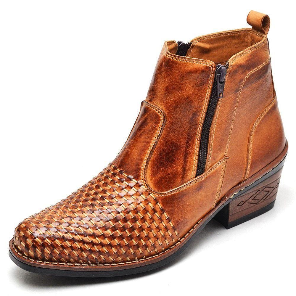 Botina Country Bico Fino Em Couro Tricê JNA SHOES Fecho De Zíper