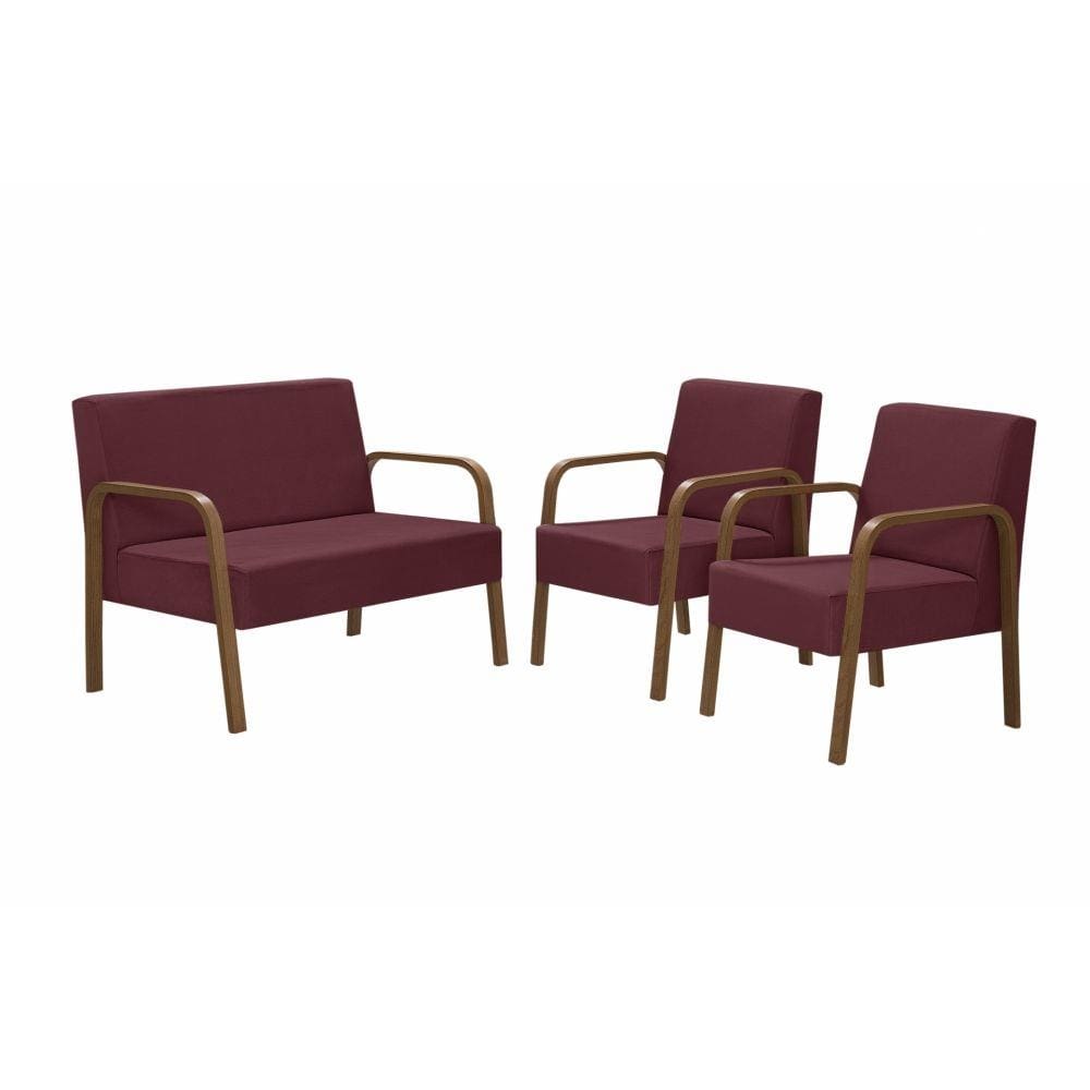 Conjunto Luna 2 Poltronas de 1 Lugar e 1 poltrona de 2 lugares Braço Madeira DSalla Suede