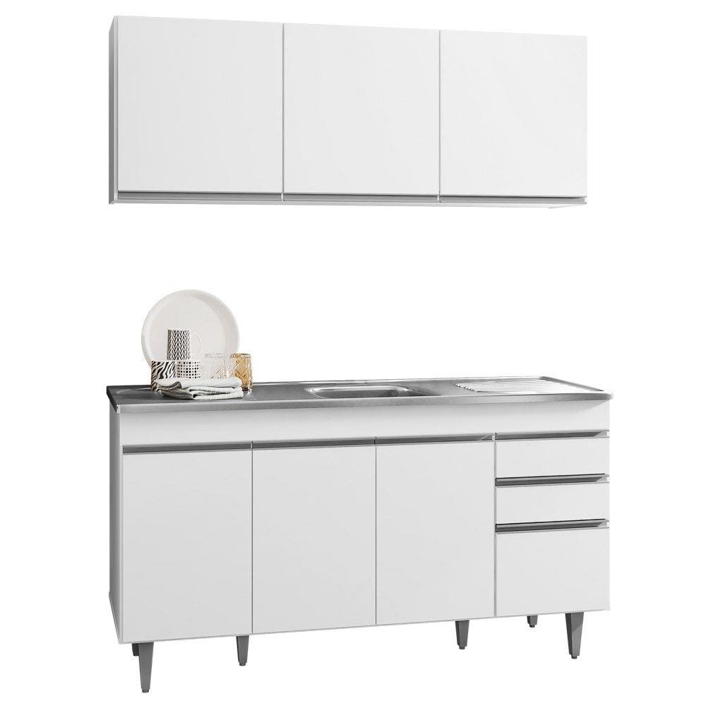 Armário Aéreo Argélia e Balcão Gabinete com Pia Inox Marrocos 150cm Branco - Lumil