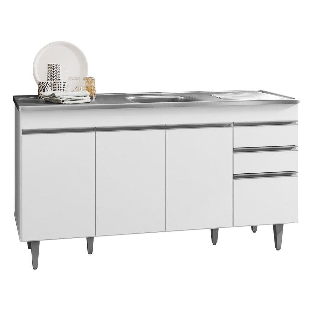 Balcão Gabinete com Pia Inox 150cm 4 Portas 2 Gavetas Marrocos Branco - Lumil