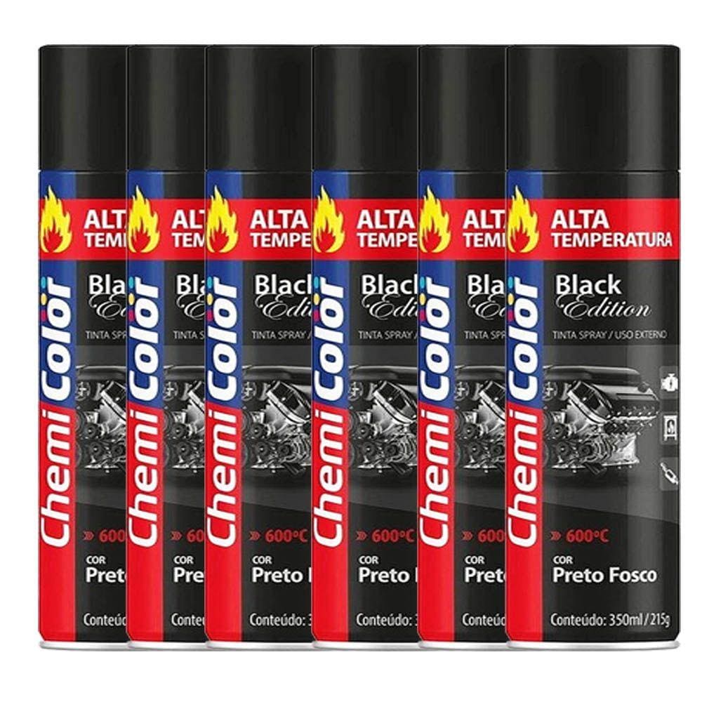 6 Tinta Spray Alta Temperatura Preto Fosco Chemicolor 350ml