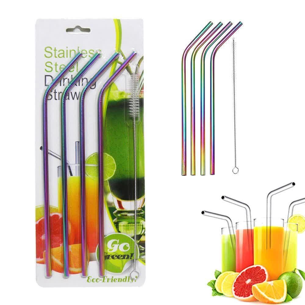 kit 4 Canudos Curvos Aço Inox Metal Reutilizáveis Coloridos + 1 Escova