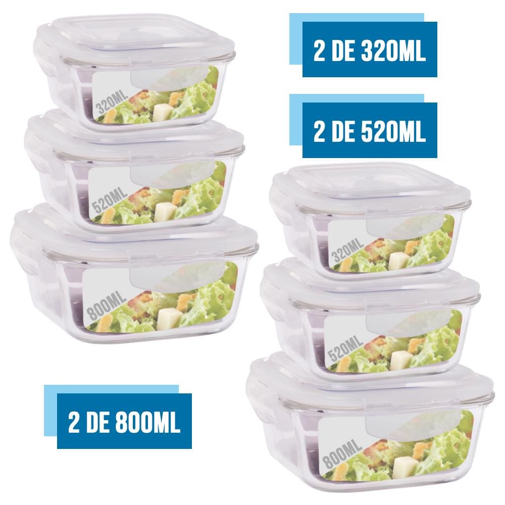 Conjunto 6 Pote Vidro Hermético 3 Tamanho Marmita Kit Quadra