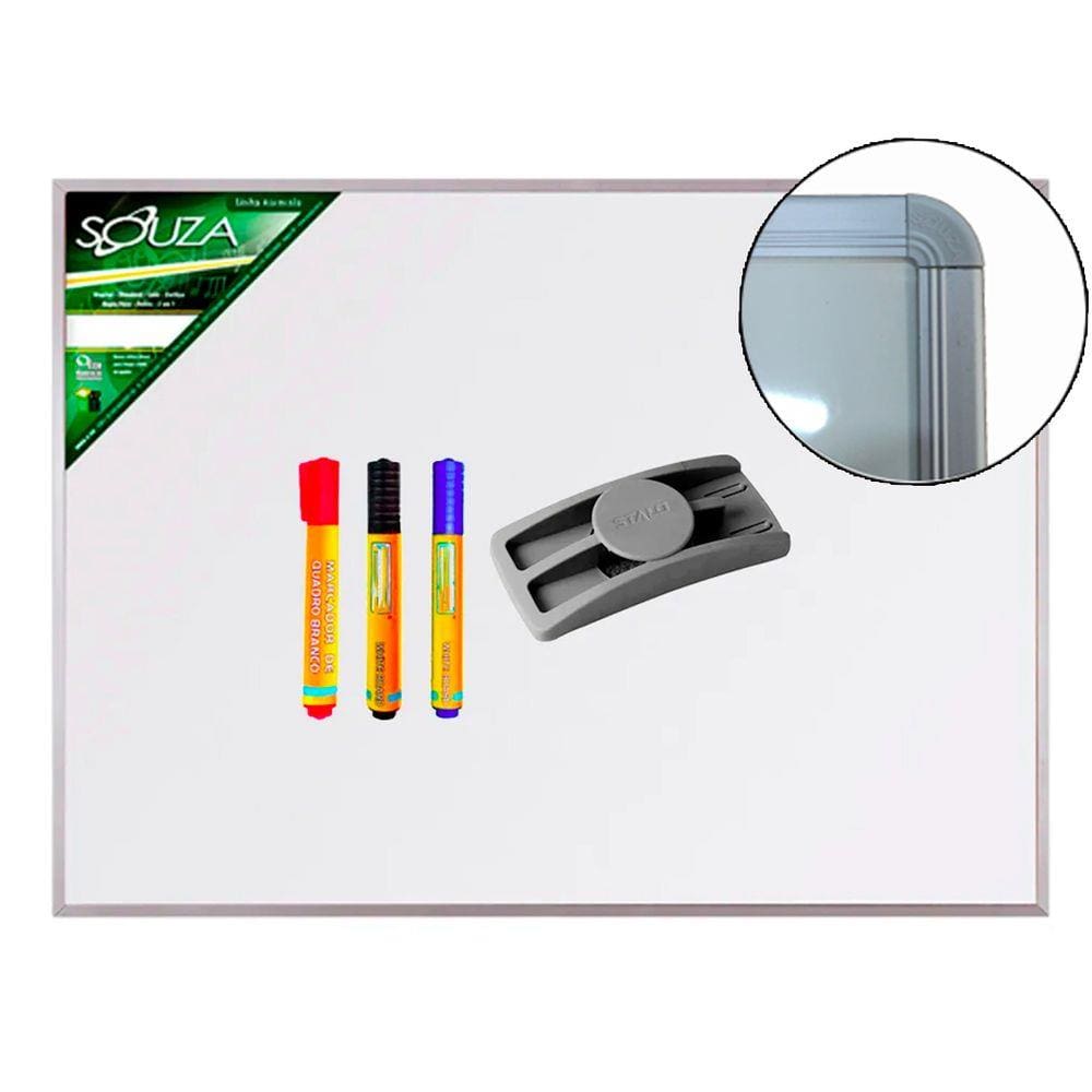 Quadro Branco Luxo 60x40 cm Melamínico Base MDF com Moldura de Alumínio Luxo R-5201 + 3 canetas + apagador