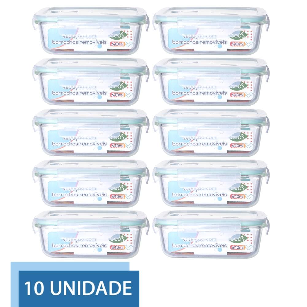Conjunto 10 Potes 640ml Vidro Hermético 4 Travas Marmita
