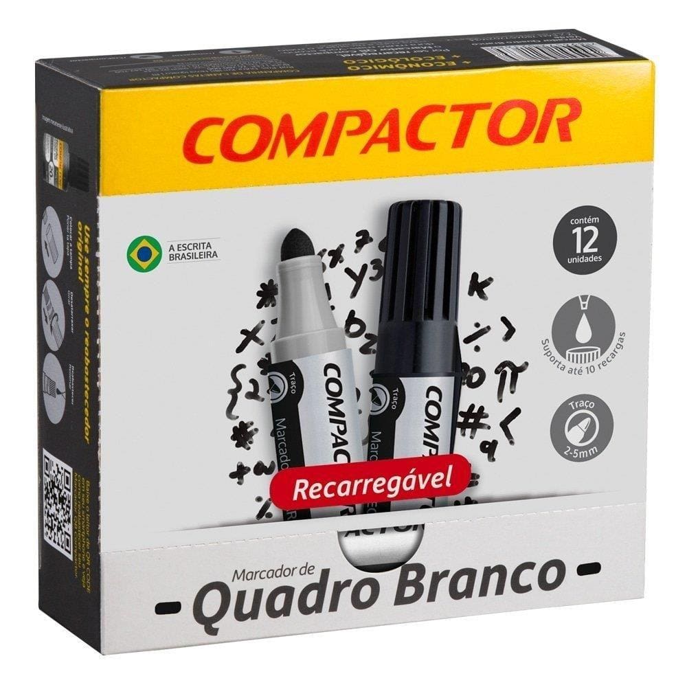 Marcador Recarregável de Quadro Branco Cor Preto Compactor - Embalagem com 12 unidades