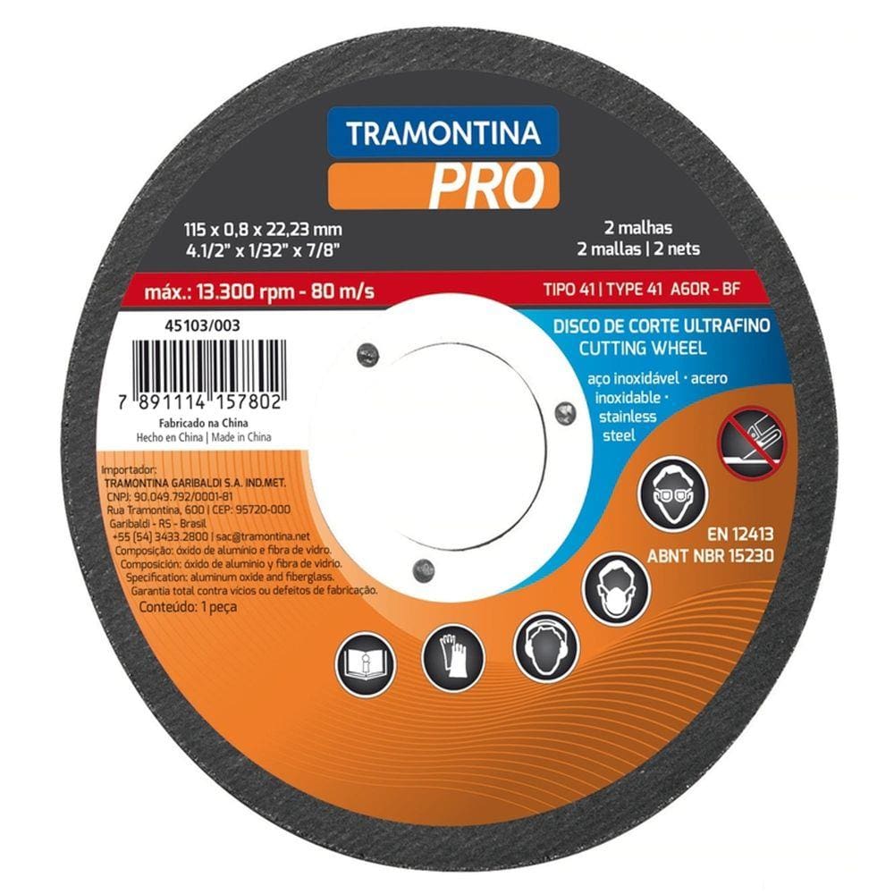 Disco de Corte Ultrafino para Aço Inox 4.1/2” Tramontina PRO Tramontina