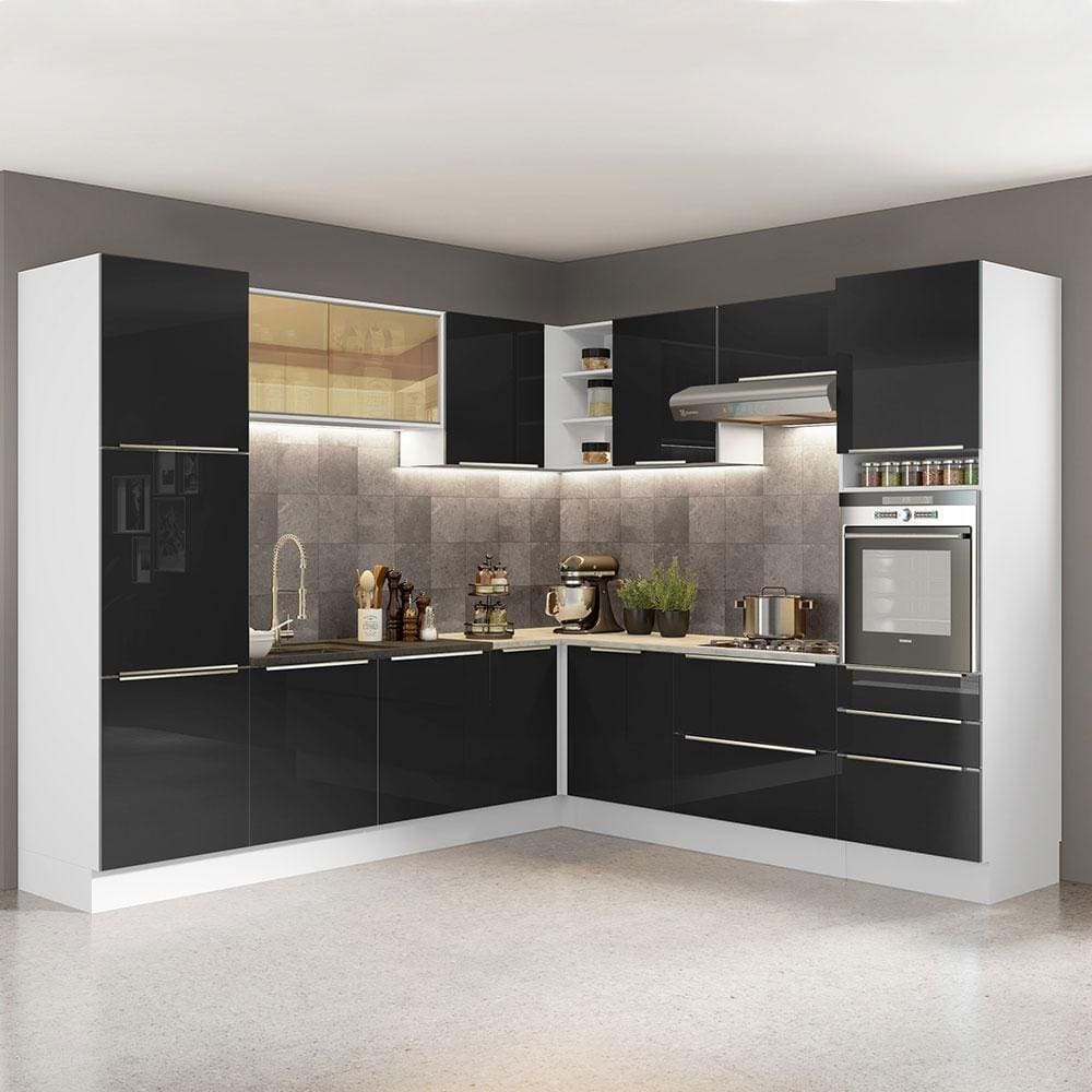 Cozinha Completa de Canto Madesa Lux com Armário e Balcão - Branco/Preto