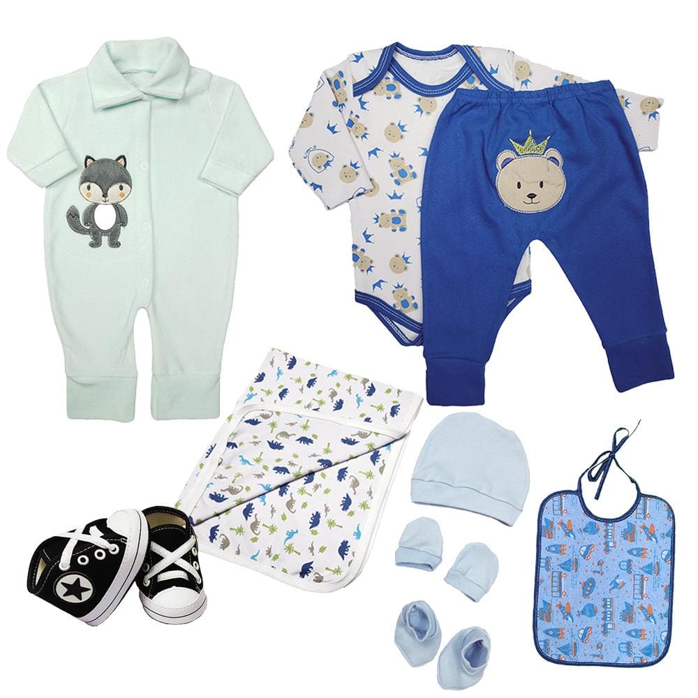 Kit Bebê 9 Pças Conjunto Body Mijão Macacão Cueiro e Babador