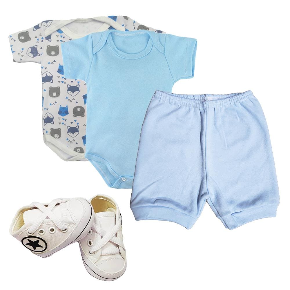 Kit Roupa de Bebê 4 Peças Body e Short e Sapatinho Look Bebê