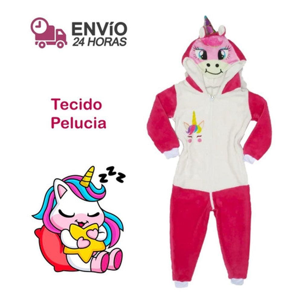 Pijama Infantil Macacão Kigurumi Fantasia Unicórnio Pelúcia - Rosa