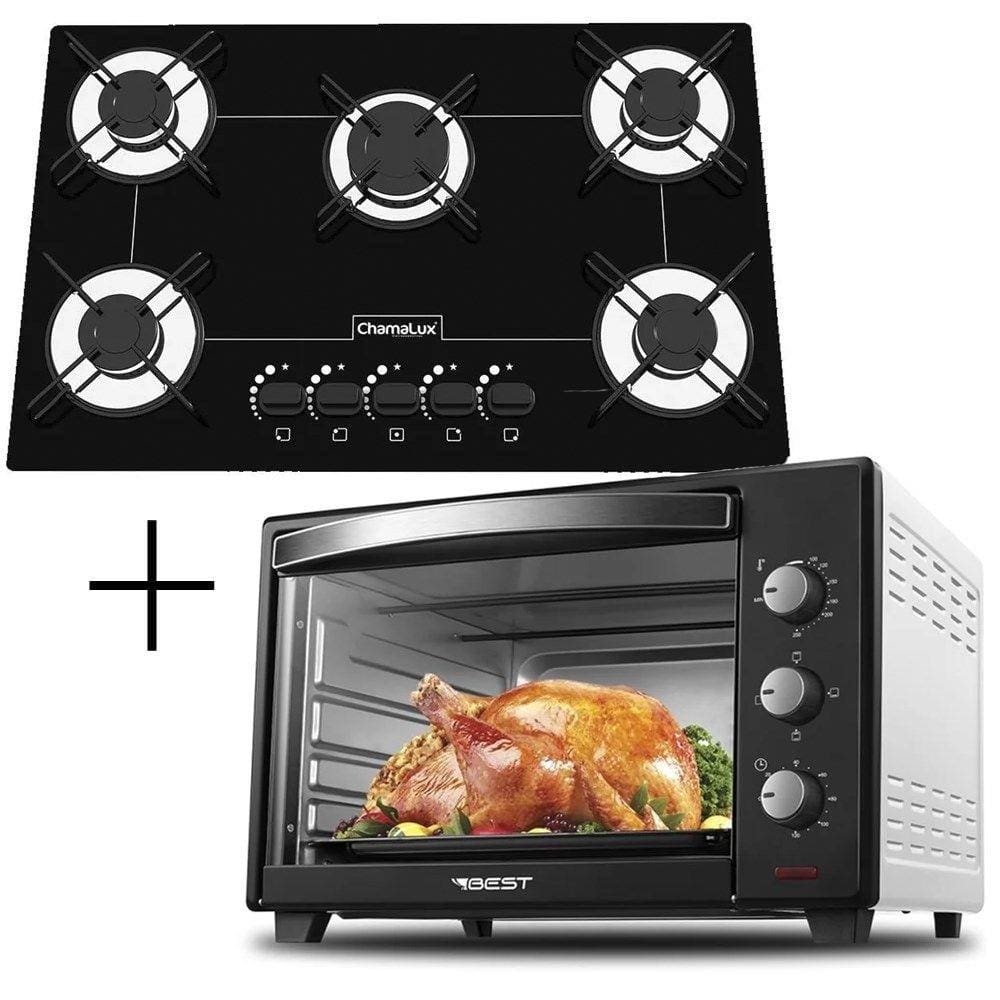 Fogão Cooktop 5 Bocas Preto + Forno De Eletrico 48 Litros
